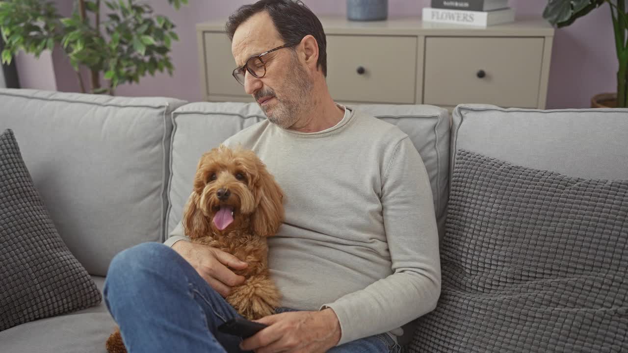 一位中年男子和他的贵宾犬在家里的沙发上享受着温馨的时光，体现了陪伴和家庭生活。视频素材