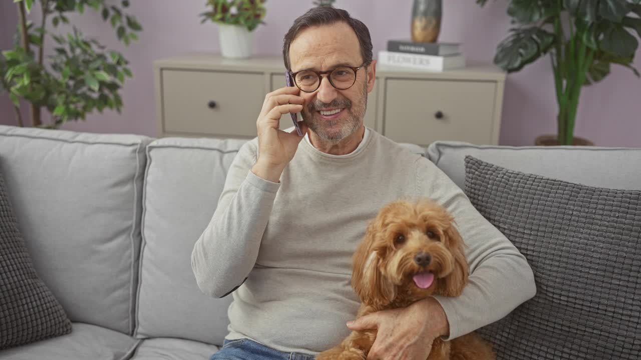 一个成熟的男人一边打电话，一边抱着拉布拉多犬躺在室内的沙发上视频素材