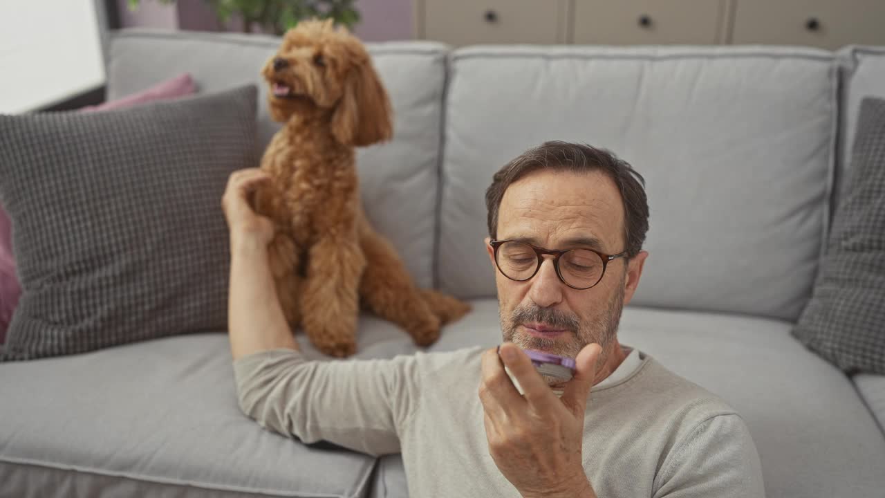 一名西班牙中年男子一边和他的贵宾犬在舒适的客厅里放松，一边发语音信息。视频素材