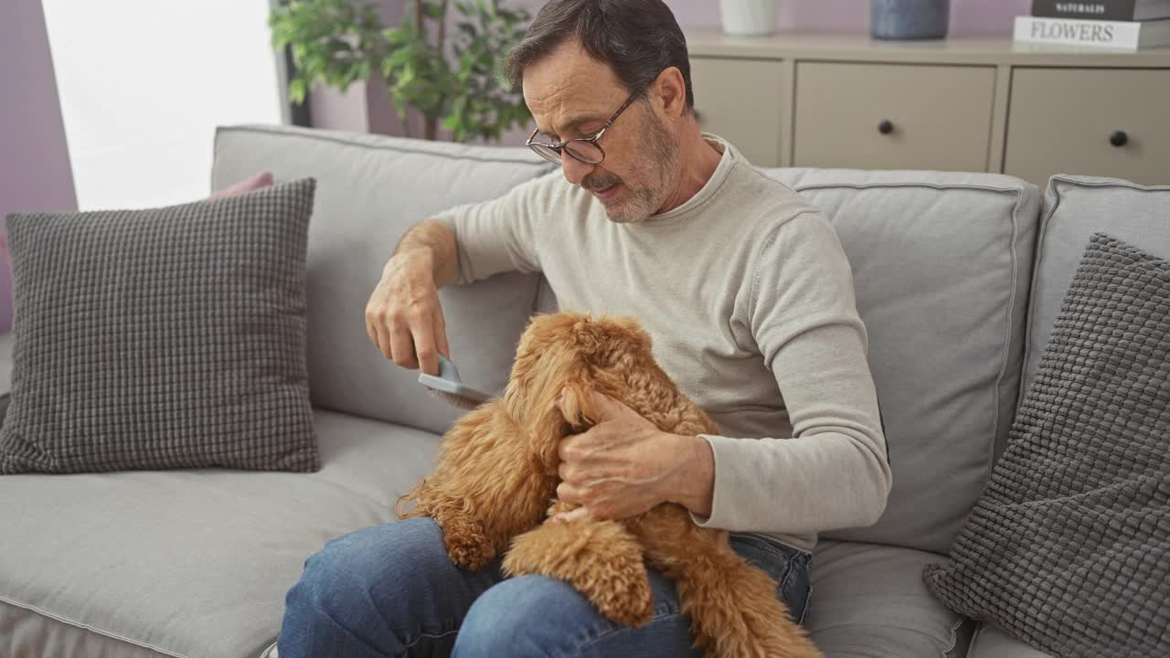 一位中年男子在一间舒适的公寓客厅里整理他的贵宾犬。视频素材