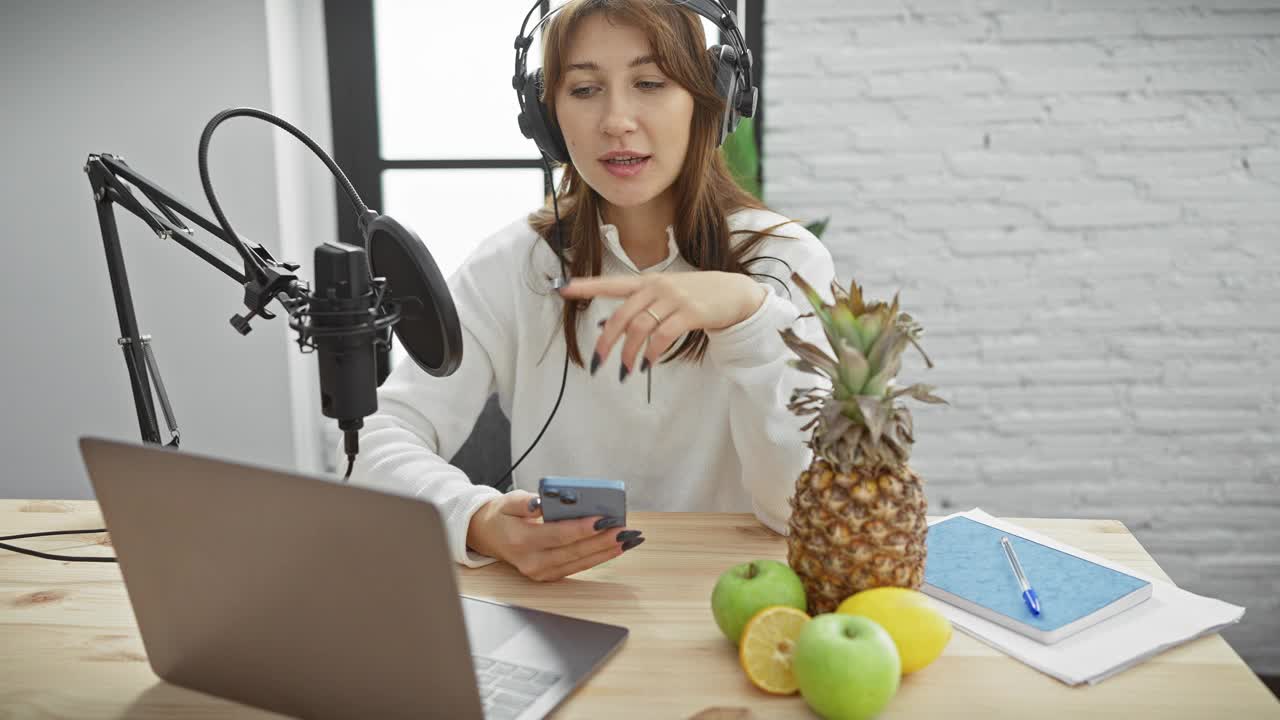 戴着耳机的年轻白人女子手持智能手机，对着演播室的麦克风说话，她扮演的是室内演播室的电台主持人或播客主持人。视频素材