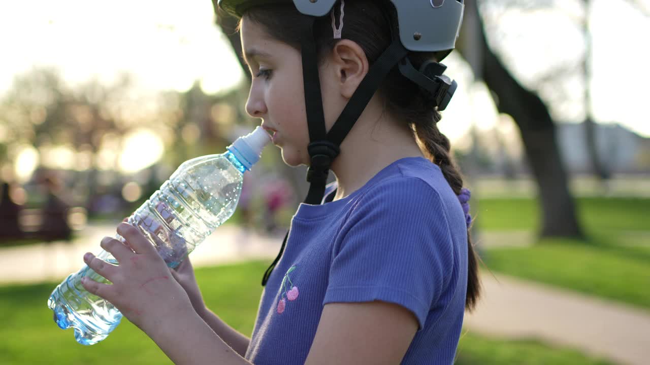 一个小女孩骑完自行车后正在喝水视频素材