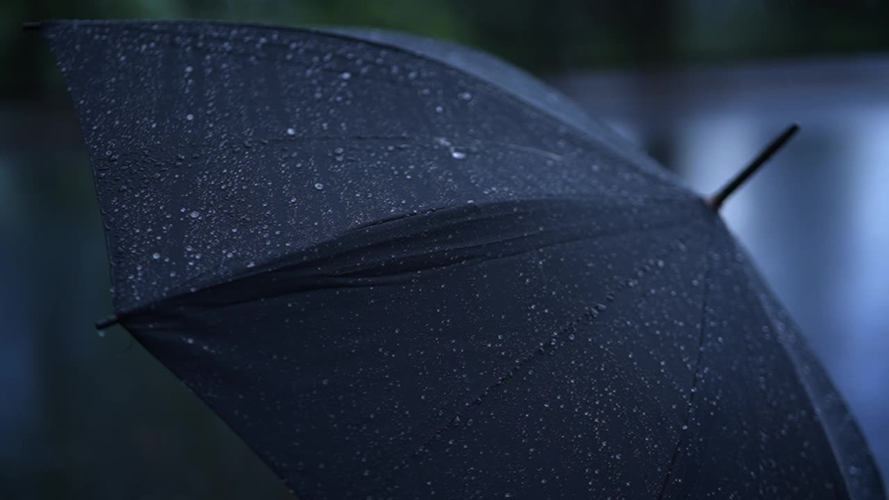 雨天里，雨滴轻轻地落在一把黑色的雨伞上视频素材