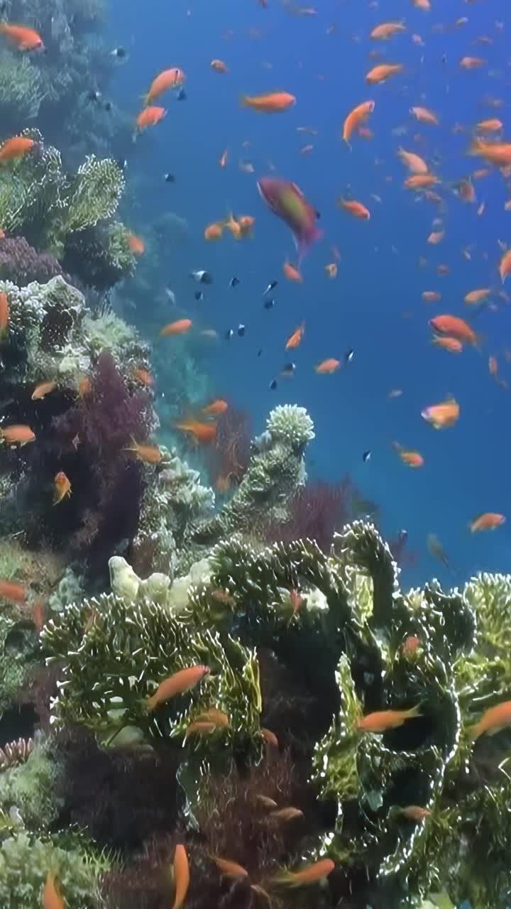 一群鱼在岩石附近游泳视频素材