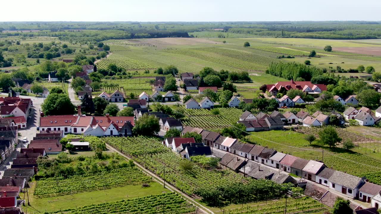 迷人的哈霍斯村与郁郁葱葱的葡萄园和风景秀丽的乡村景观，航拍视频素材