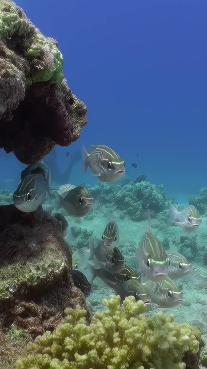 一群鱼在岩石附近游泳视频素材