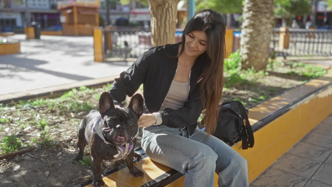 年轻的西班牙女子和一只法国斗牛犬坐在城市公园的户外，享受着阳光明媚的一天。视频素材