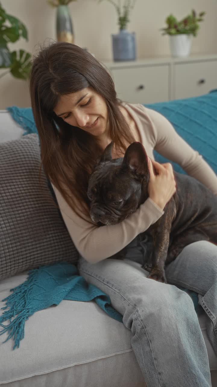 一位年轻女子坐在客厅里，可爱地把一只法国斗牛犬放在腿上，周围是室内植物和现代装饰。视频素材