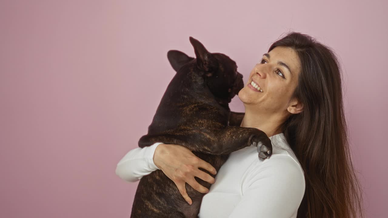 一位年轻的西班牙女子抱着一只法国斗牛犬，背景是孤立的粉红色，散发着喜悦和温暖。视频素材