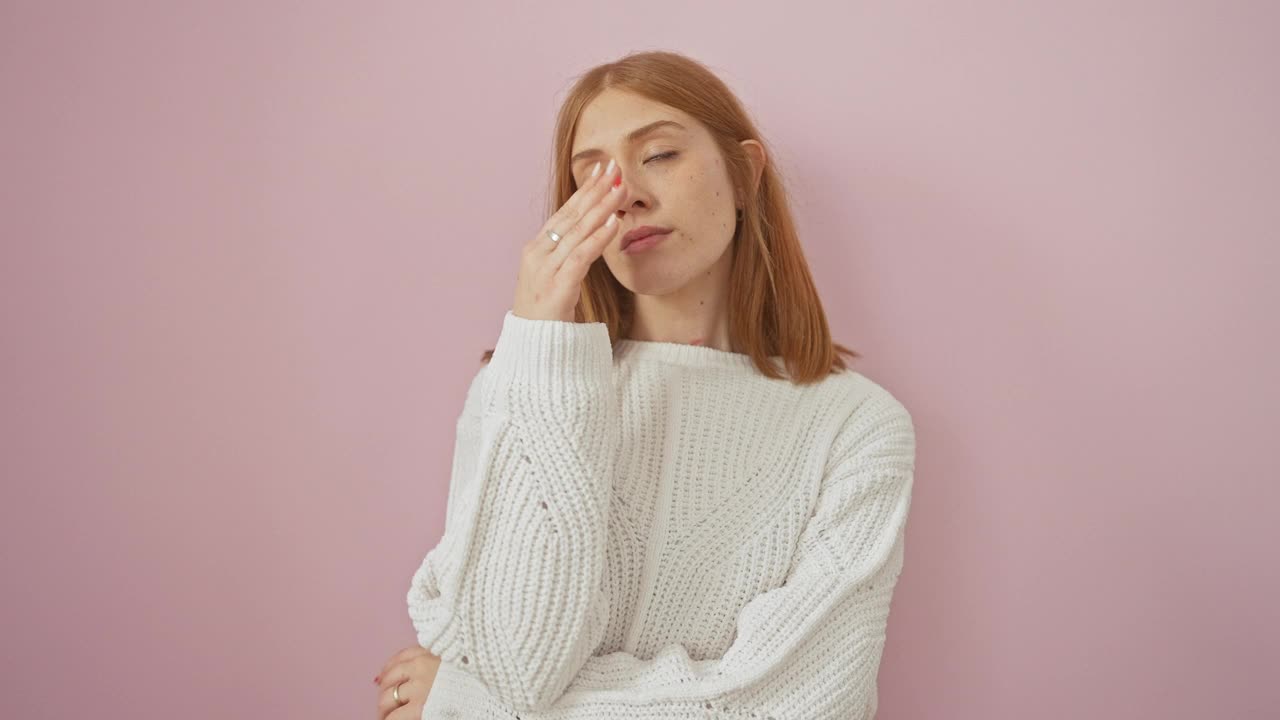 疲惫不堪的红发女人揉着疼痛的眼睛，被压力压得喘不过气来，穿着一件毛衣，衬托着粉红色的孤立背景，一幅疲惫和头痛的肖像。视频素材