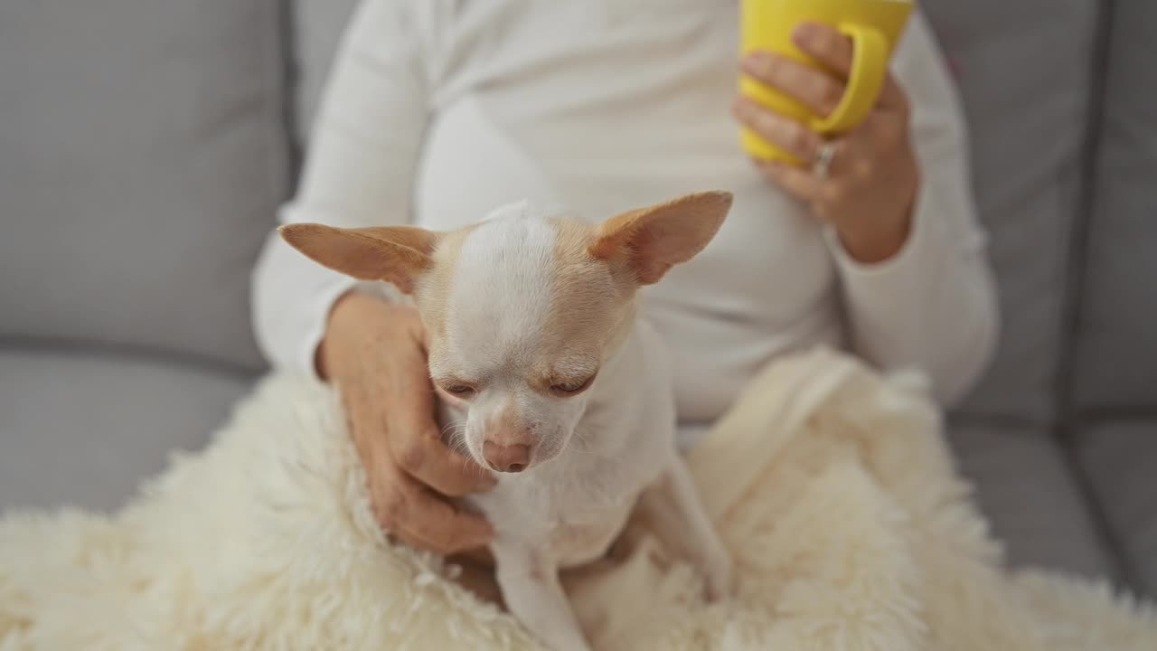 一名中年妇女在舒适的客厅里抱着一只吉娃娃，身上裹着柔软的毯子，手里拿着一只黄色的马克杯。视频素材