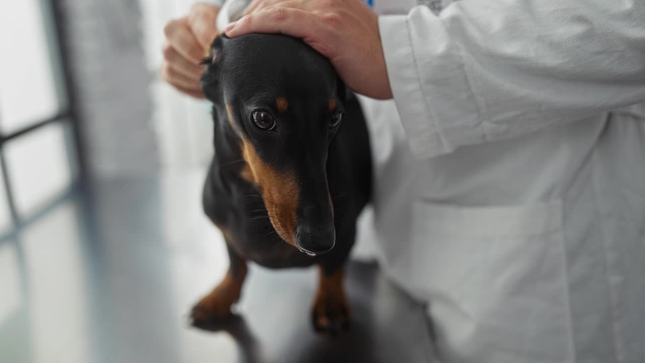 一名男子在兽医诊所检查桌子上的腊肠犬，他的手轻轻地抱着狗的头，创造了一个专业和充满爱心的宠物保健场景。视频素材