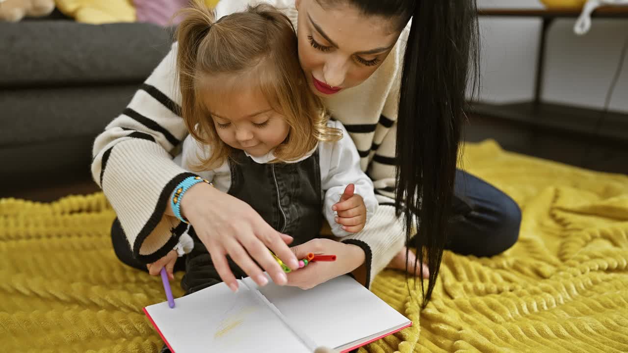 一位母亲和年幼的女儿在舒适的客厅地板上愉快地画画，象征着家庭和创造力。视频素材