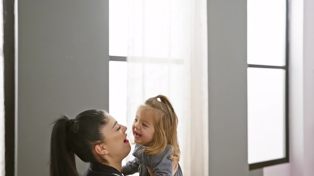 一个慈爱的女人把她快乐的女儿抱在舒适的卧室里，体现了家庭的温暖和关怀。视频素材