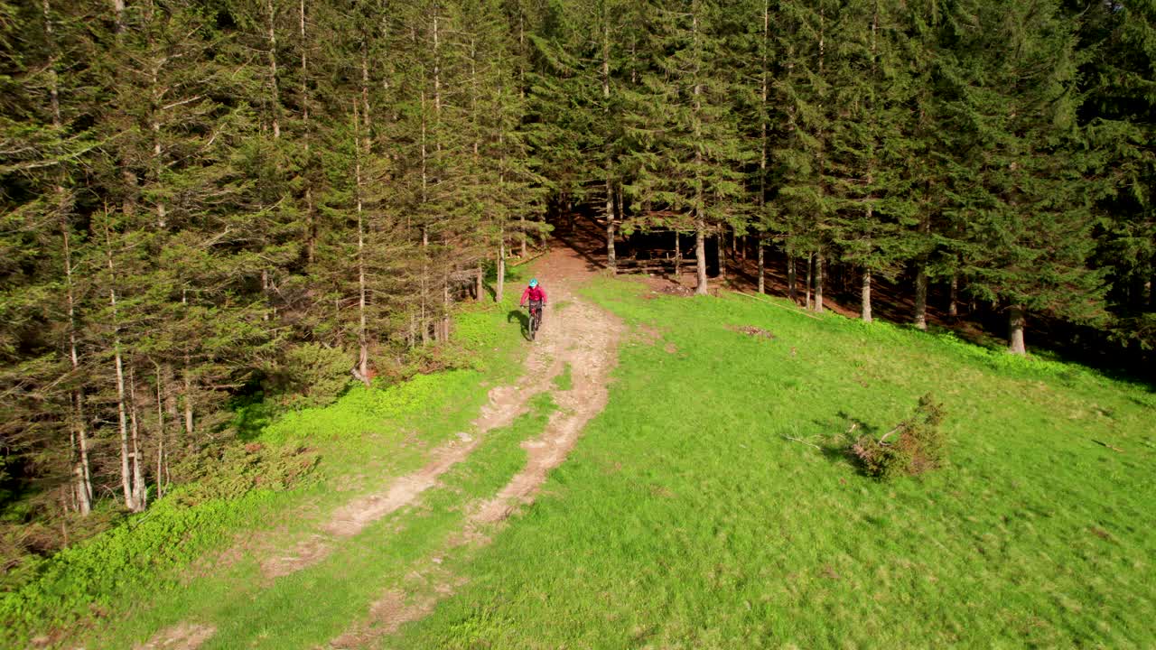 骑电动山地车的人沿着山上长满草的小路在户外骑行。视频素材