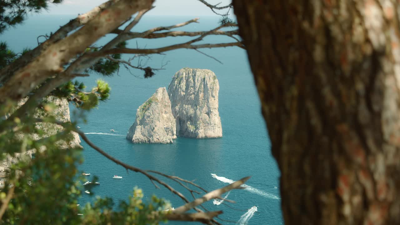 意大利卡普里岛的法拉格里奥尼岩层在树枝后面的风景如画的景色。视频素材