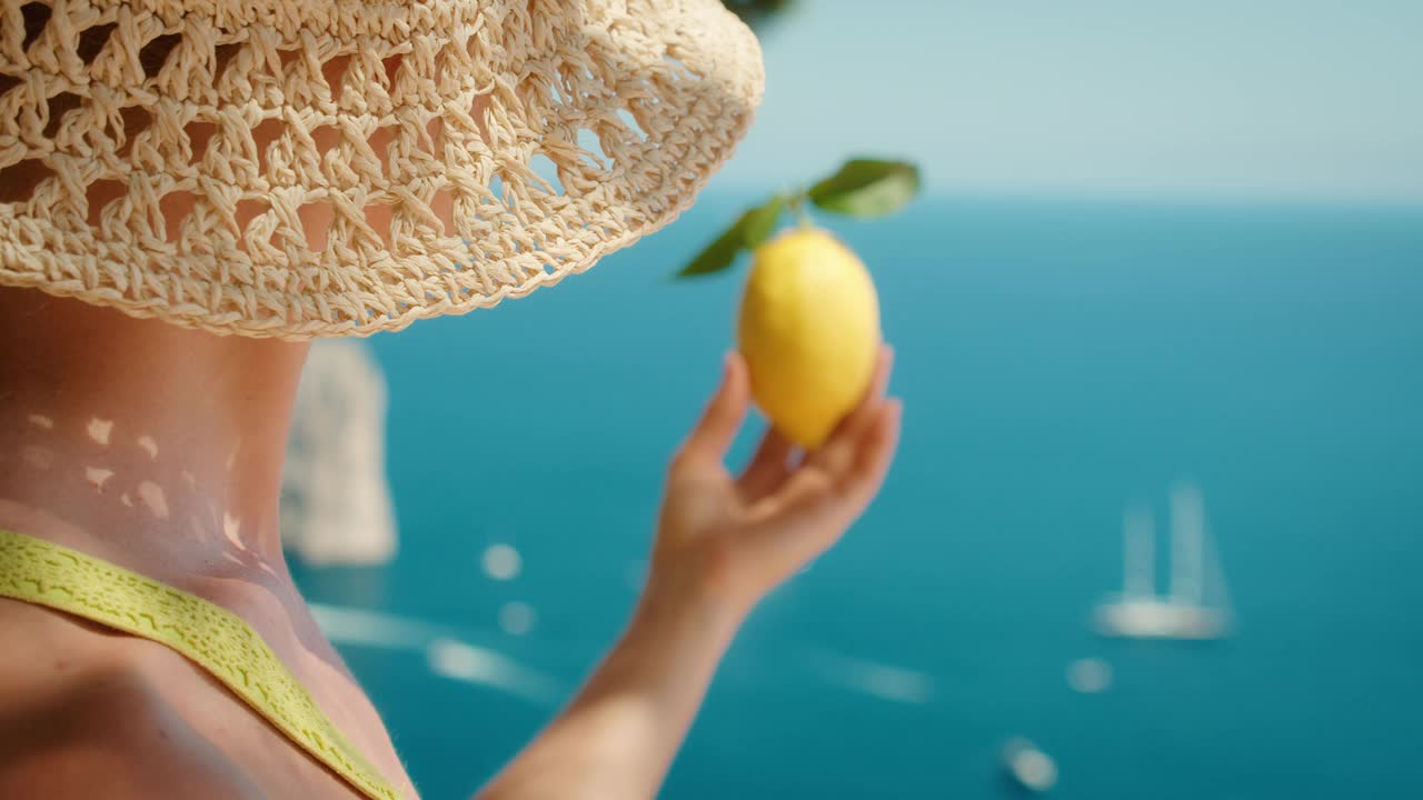 夏天去意大利卡普里岛旅行时，一个女人在蓝色的大海和法拉格里奥尼岩石形成的船上拿着一个有叶子的柠檬。视频素材