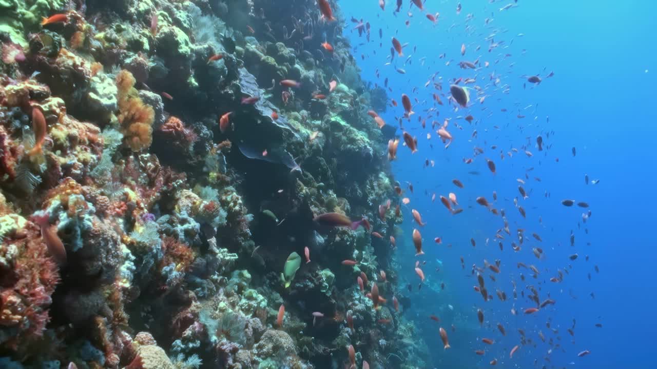 清澈的海水中充满活力的珊瑚礁和各种海洋生物，创造了一个具有丰富生物多样性的壮观生态系统。海洋生物包括鱼类、珊瑚和外来物种，形成了一个丰富多彩的栖息地视频素材