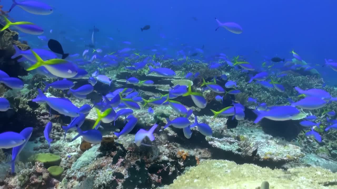 充满活力的海底世界，鱼儿游过色彩斑斓的珊瑚礁，展现海洋生物之美。潜入多样性丰富的水生环境，非常适合水肺潜水和摄影视频素材