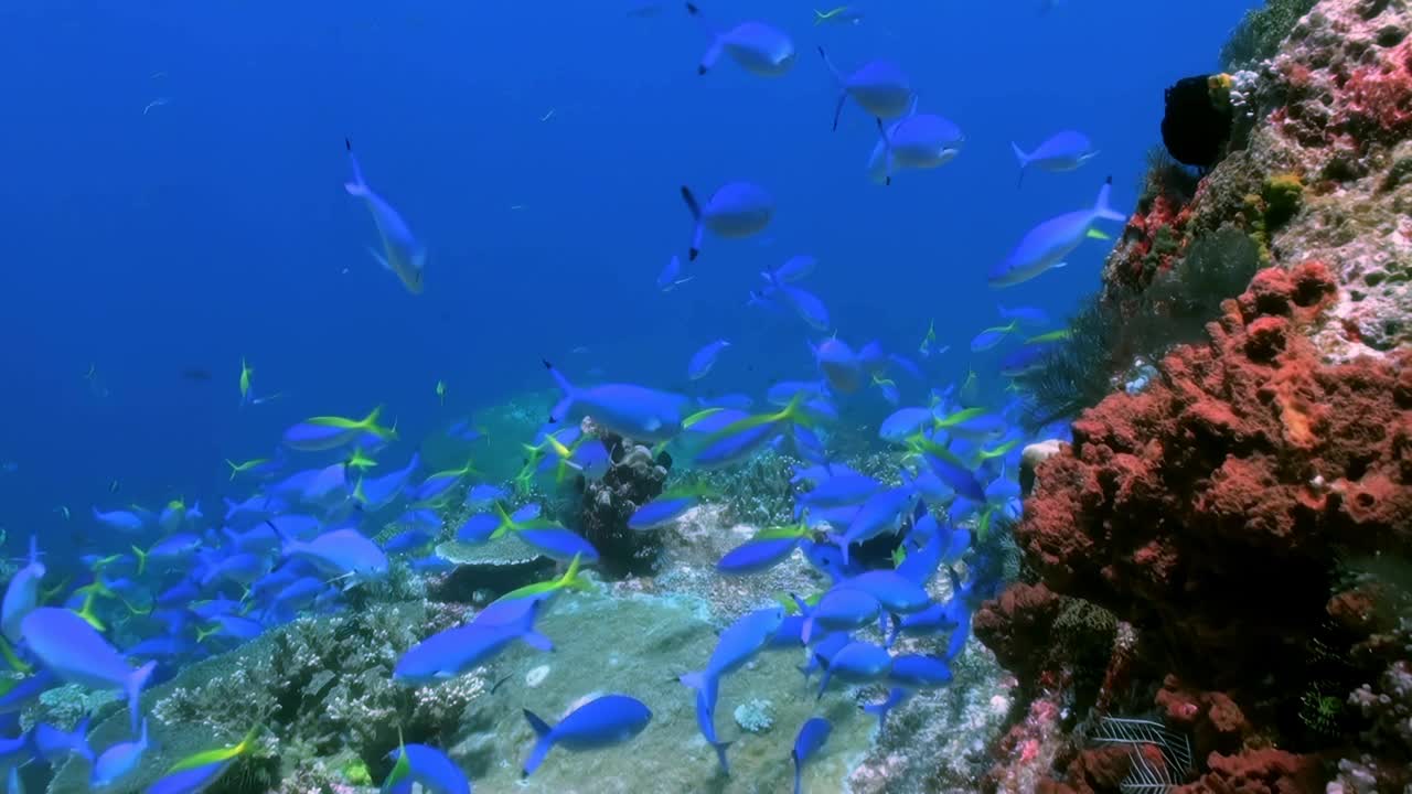 在珊瑚礁和鱼类一起探索充满活力的水下海洋生物。探索海洋深处的生物多样性。潜入丰富多彩的海洋世界与水生生物和珊瑚礁为一个迷人的经验视频素材