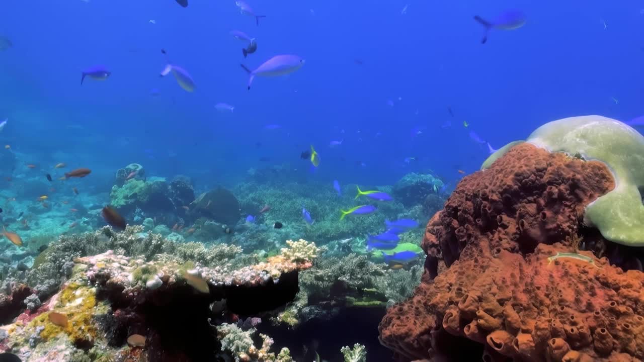 探索充满活力的珊瑚礁的令人惊叹和多样化的水下世界，居住着热带鱼，五颜六色的珊瑚地层和迷人的海洋生物，为那些热爱大自然的人提供了一个天堂视频素材