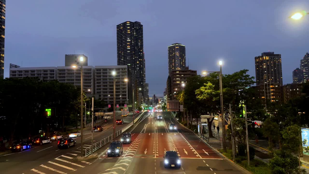 黄昏时繁忙的城市街道上灯火通明的建筑物和车辆视频素材