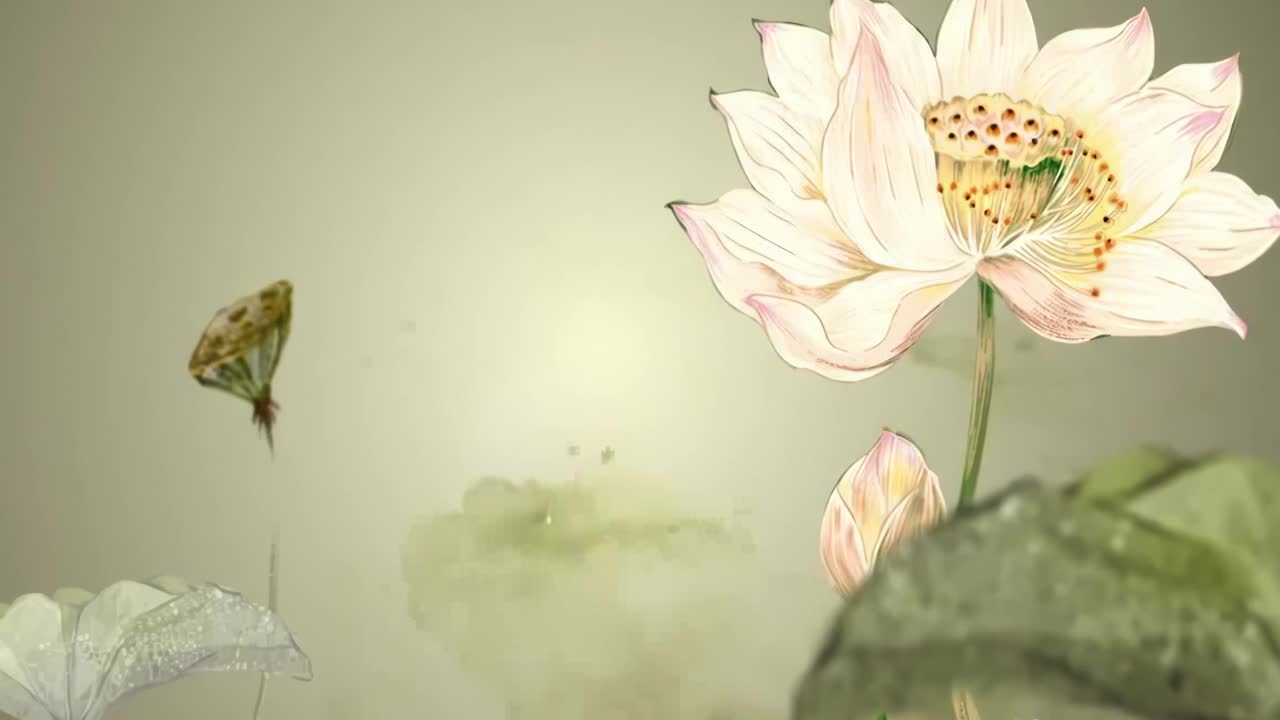 神秘山水中国传统东方数码艺术动画，中国复古水墨雾山以花、树、鸟、河为背景。中日风光艺术品视频下载