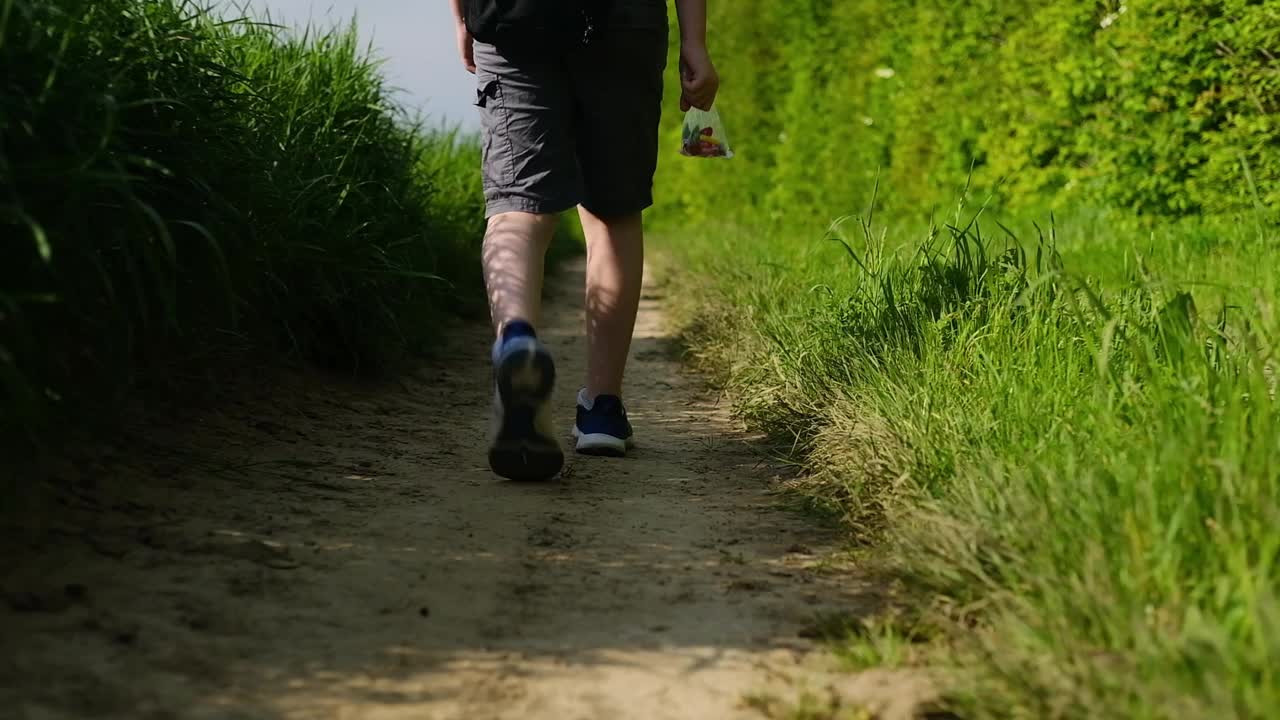 一个人沿着一条小路走过一片又高又绿的草地视频下载