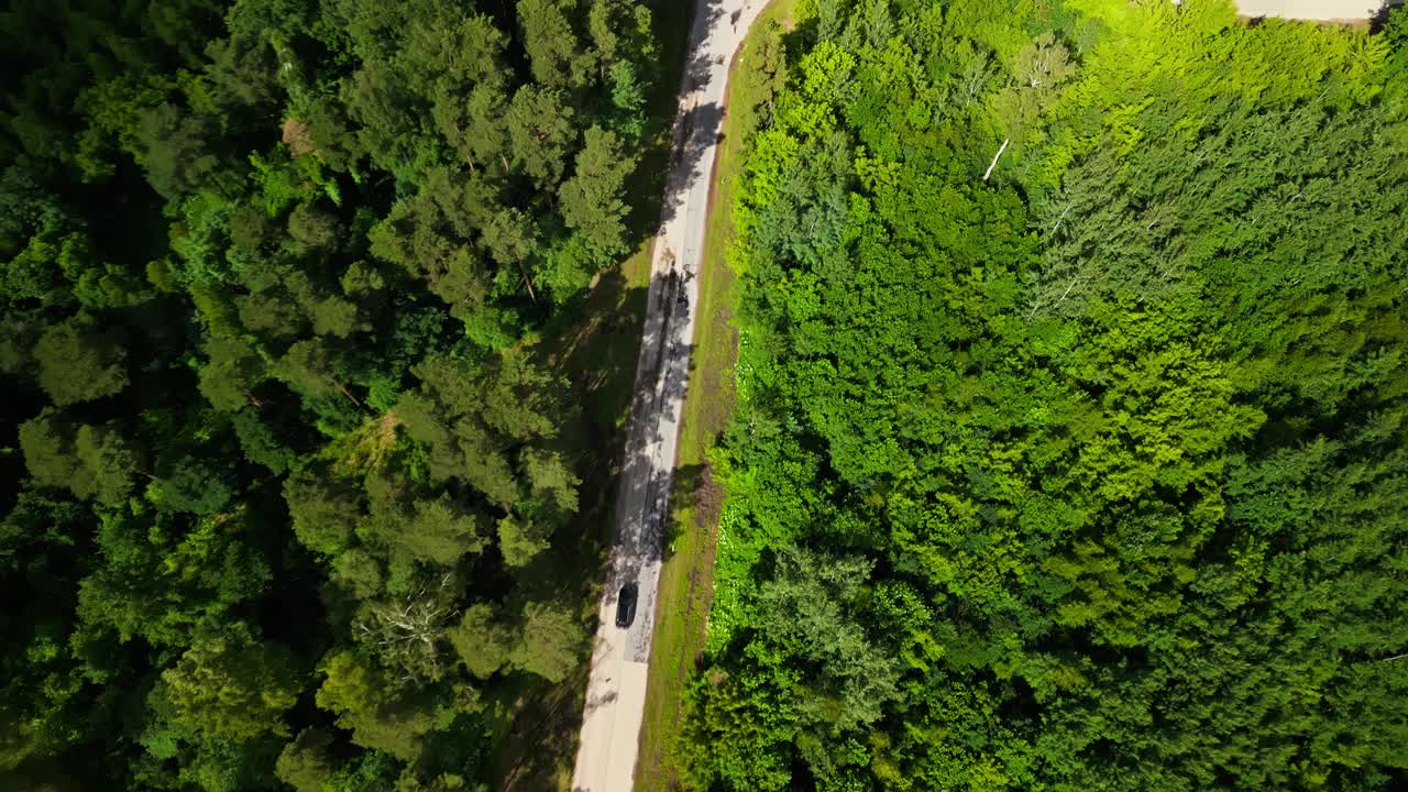 鸟瞰蜿蜒的道路穿过郁郁葱葱的绿色森林，景色迷人，营造出美丽宁静的氛围视频素材