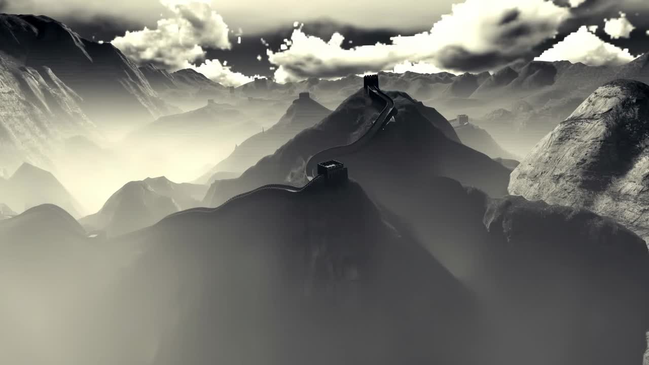 神秘山水中国传统东方数码艺术动画，中国复古水墨雾山以花、树、鸟、河为背景。中日风光艺术品视频下载