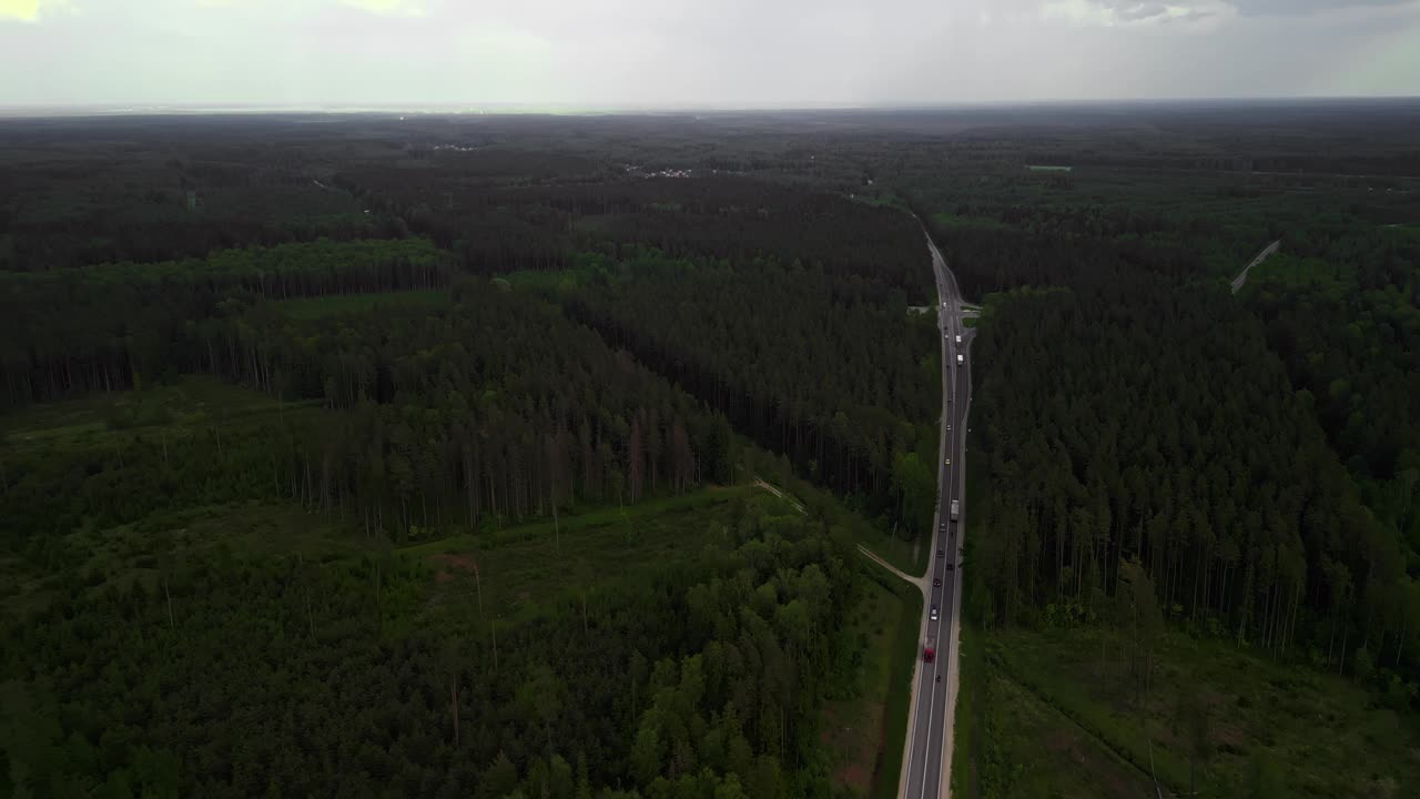 一条穿过茂密森林的道路，从鸟瞰中可以看到充满活力的绿色和自然美景视频素材