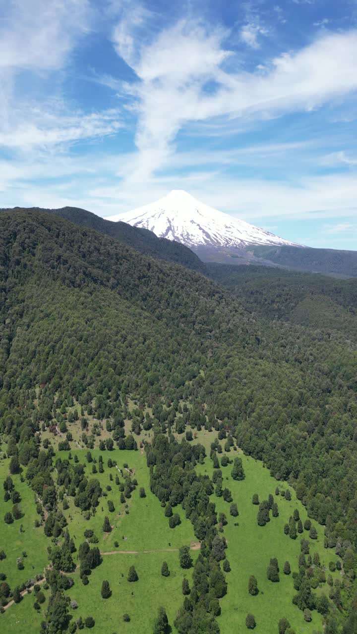 智利比利亚里卡活火山背景下的波孔镇上空的航拍视频视频素材