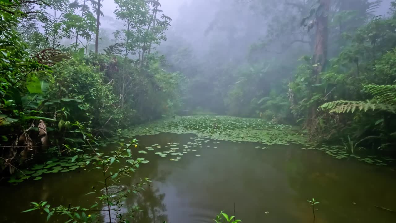 池塘里的睡莲，背景是森林视频下载