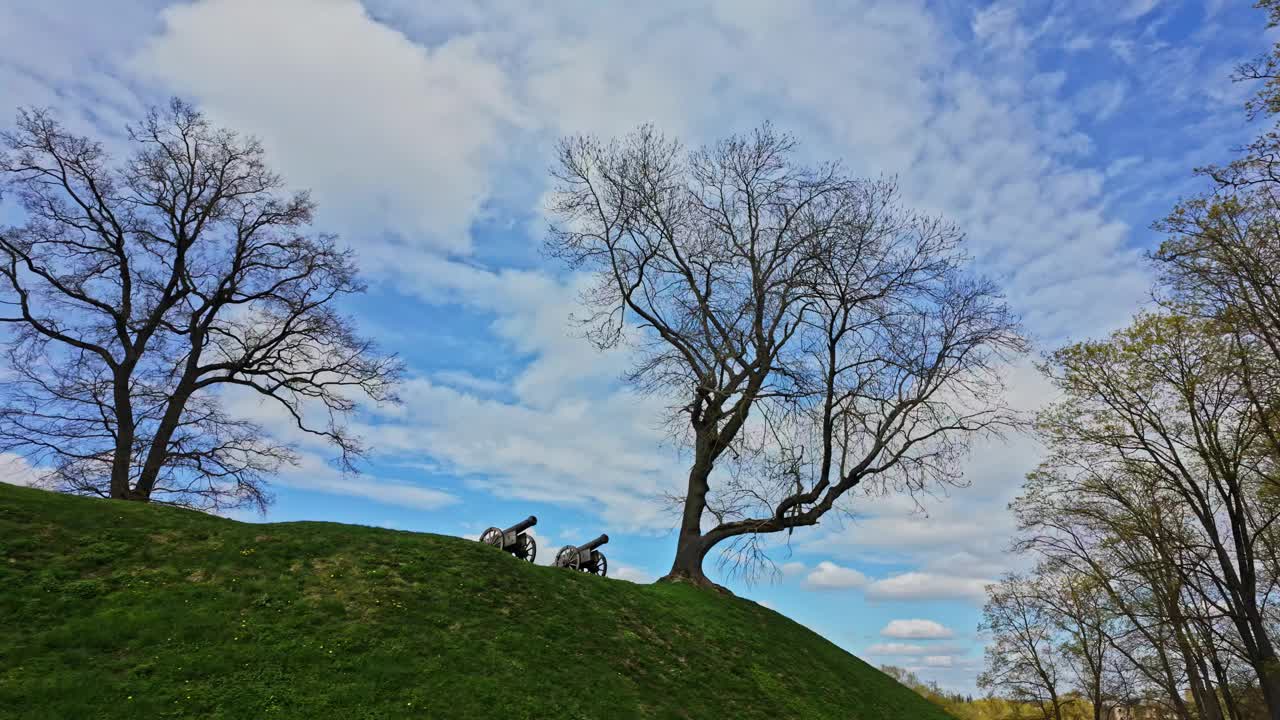 蓝蓝的天空下，绿草如荫的山头上挂着铸铁大炮视频素材