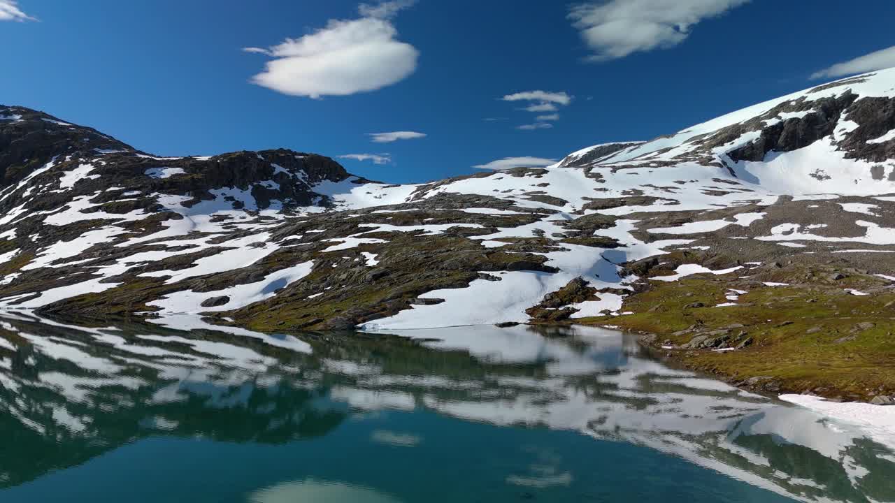 这是一个令人敬畏的高山湖泊，周围是白雪皑皑的山峰视频素材