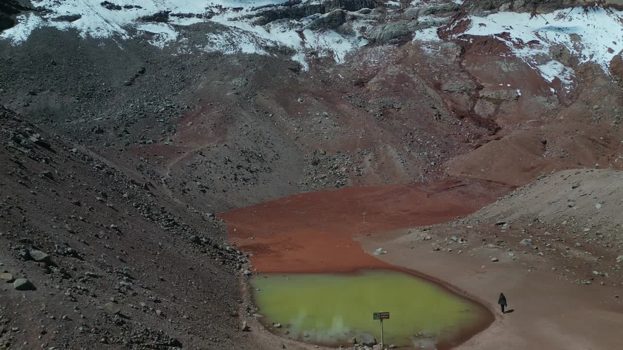 厄瓜多尔钦博拉索火山脚下(6263米)秃鹰Cocha泻湖的女登山者视频素材