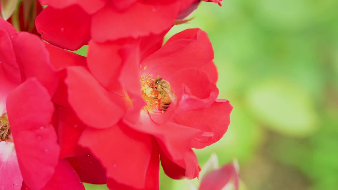 蜜蜂从玫瑰的红色花朵上采集花蜜。视频下载