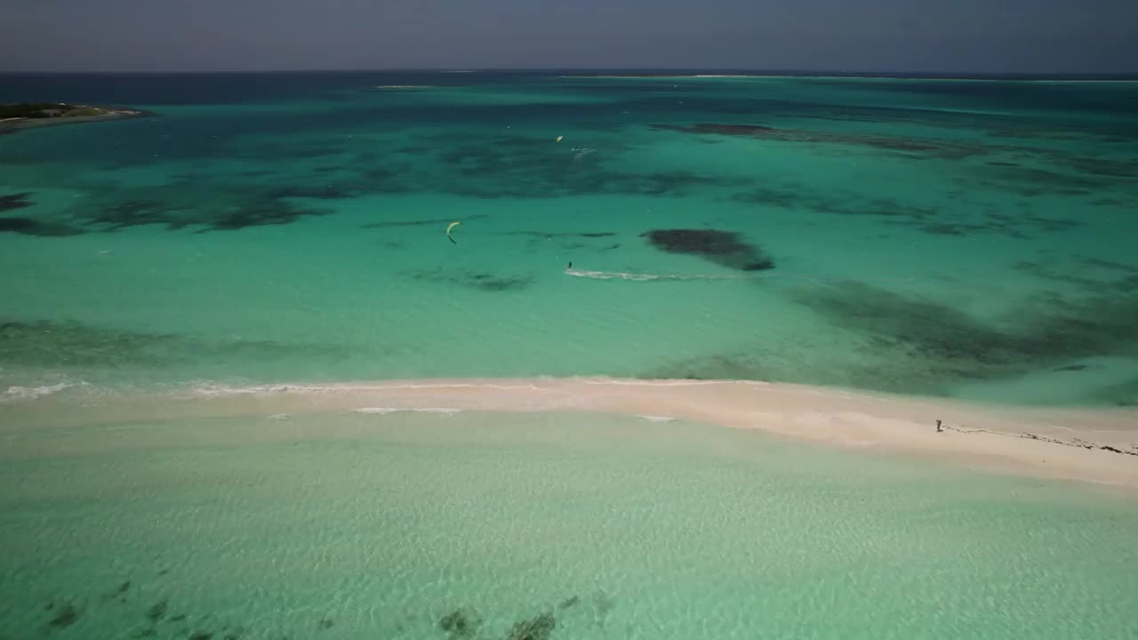 清澈碧绿的海水和白色沙滩与风筝冲浪，鸟瞰图视频素材