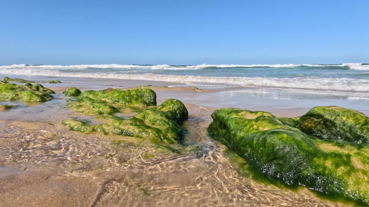 海浪拍打着长满青苔的岩石视频素材