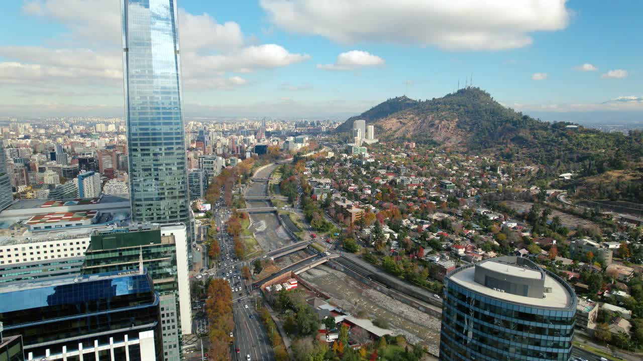 鸟瞰建立圣地亚哥智利，马波乔河在一个晴朗的阳光明媚的日子。现代建筑和居民区视频素材