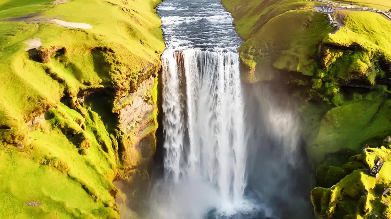 美丽的壮观瀑布从冰岛郁郁葱葱的绿色景观中倾泻而下。目睹水从悬崖上跌落，
创造了令人叹为观止的自然奇观。视频下载
