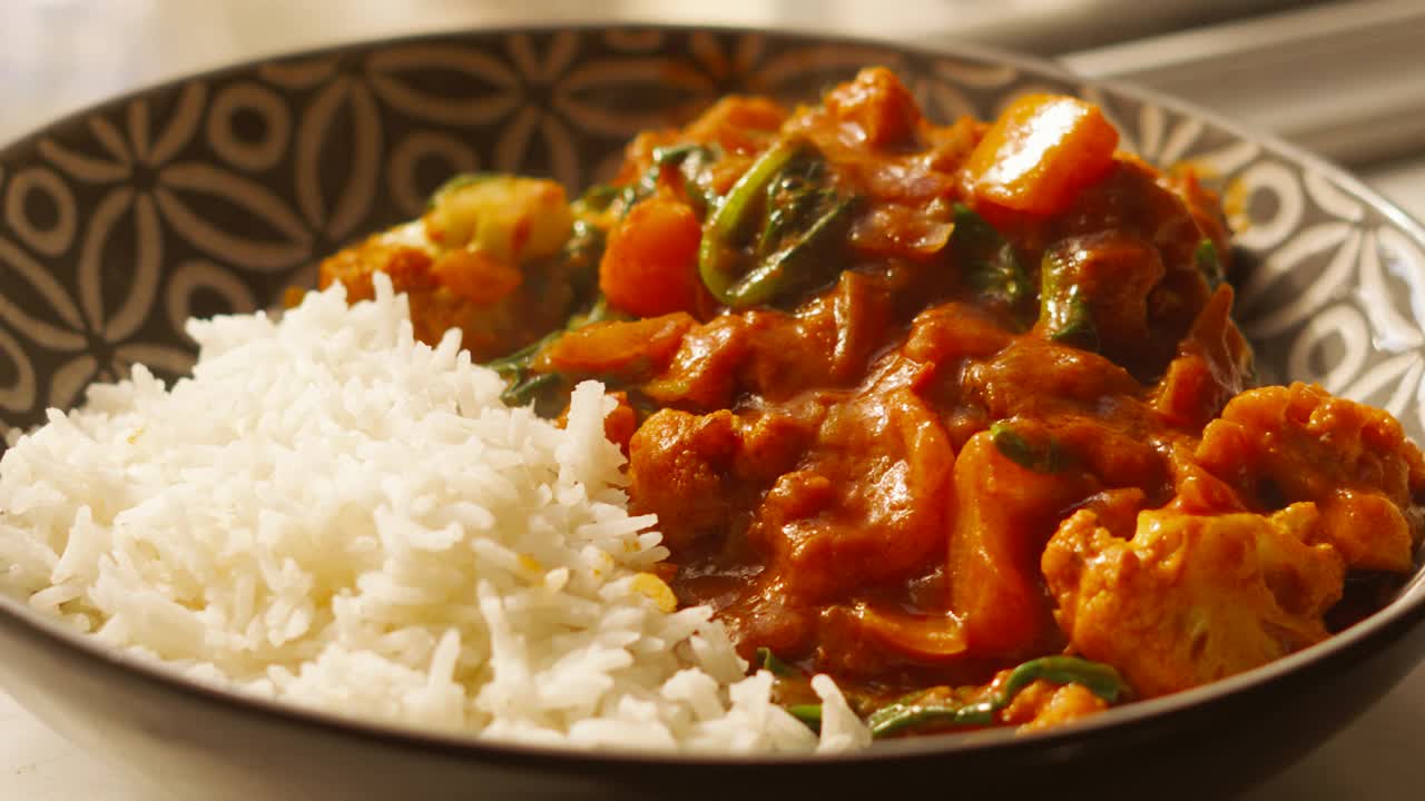 新鲜煮熟的蔬菜Tikka Masala咖喱与传统的印度香米咖喱含有花椰菜，菠菜，辣椒，洋葱- 4K高质量镜头视频下载