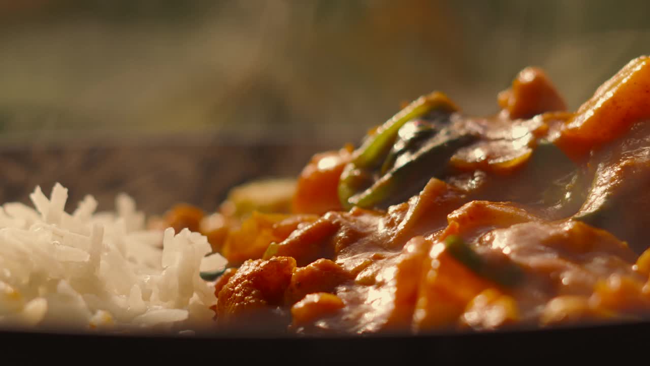 超慢动作镜头的印度食物蔬菜Tikka Masala咖喱与印度香米蒸上升- 4K浅景深的镜头视频下载