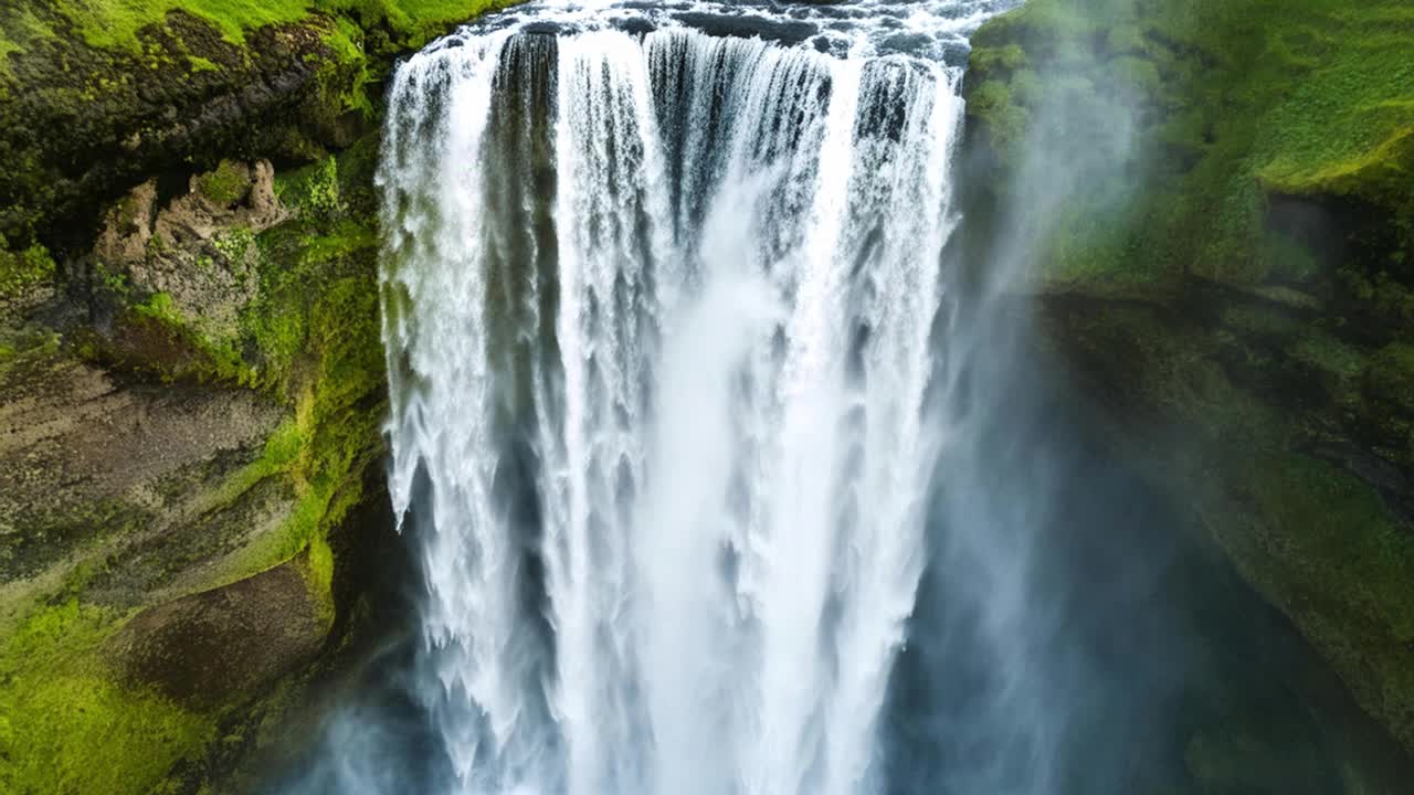 冰岛，一个强大的瀑布从岩石悬崖上倾泻而下，令人叹为观止。水流猛烈撞击，创造出令人着迷的自然奇观。视频下载