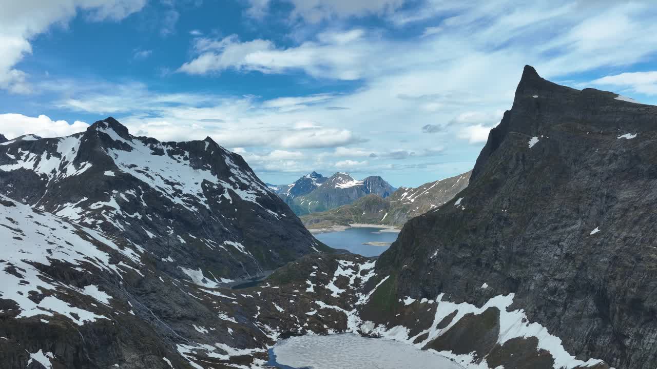 霍尼达尔斯克肯峰耸立在风景秀丽的山谷之上，山谷中有雪山和远处的湖泊视频素材