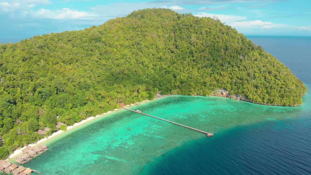 鸟瞰印尼拉贾安帕岛(Raja Ampat)绿树成荫的山丘和绿松石般的海水，岛上有一个长长的码头伸向大海。广角镜头捕捉到了岛上茂密的绿色植物。视频素材