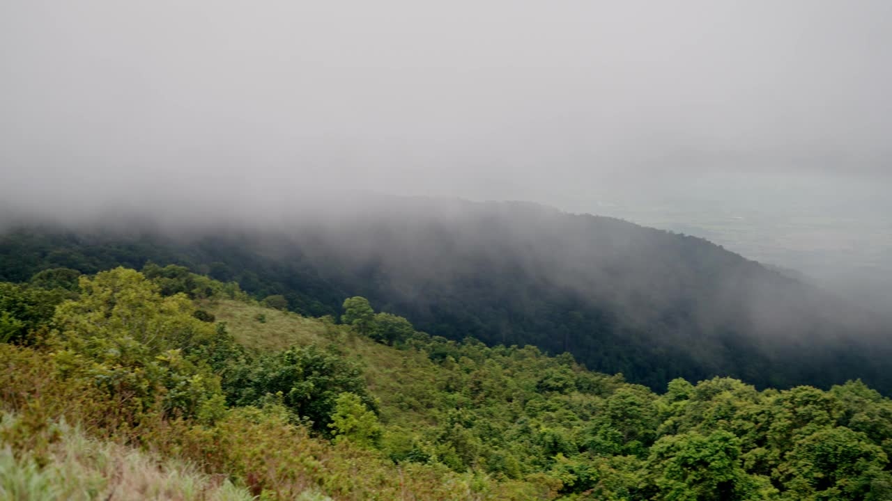 一个雾蒙蒙的山顶，远处有树和一个湖视频素材