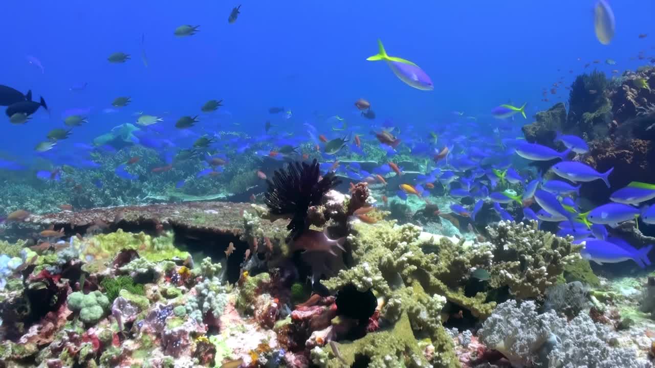 在深蓝色的海水中探索充满活力的珊瑚礁，那里有五颜六色的鱼。这个多样化的海洋栖息地拥有丰富的生物多样性和自然美景，在海面下形成了一个繁荣的生态系统视频素材