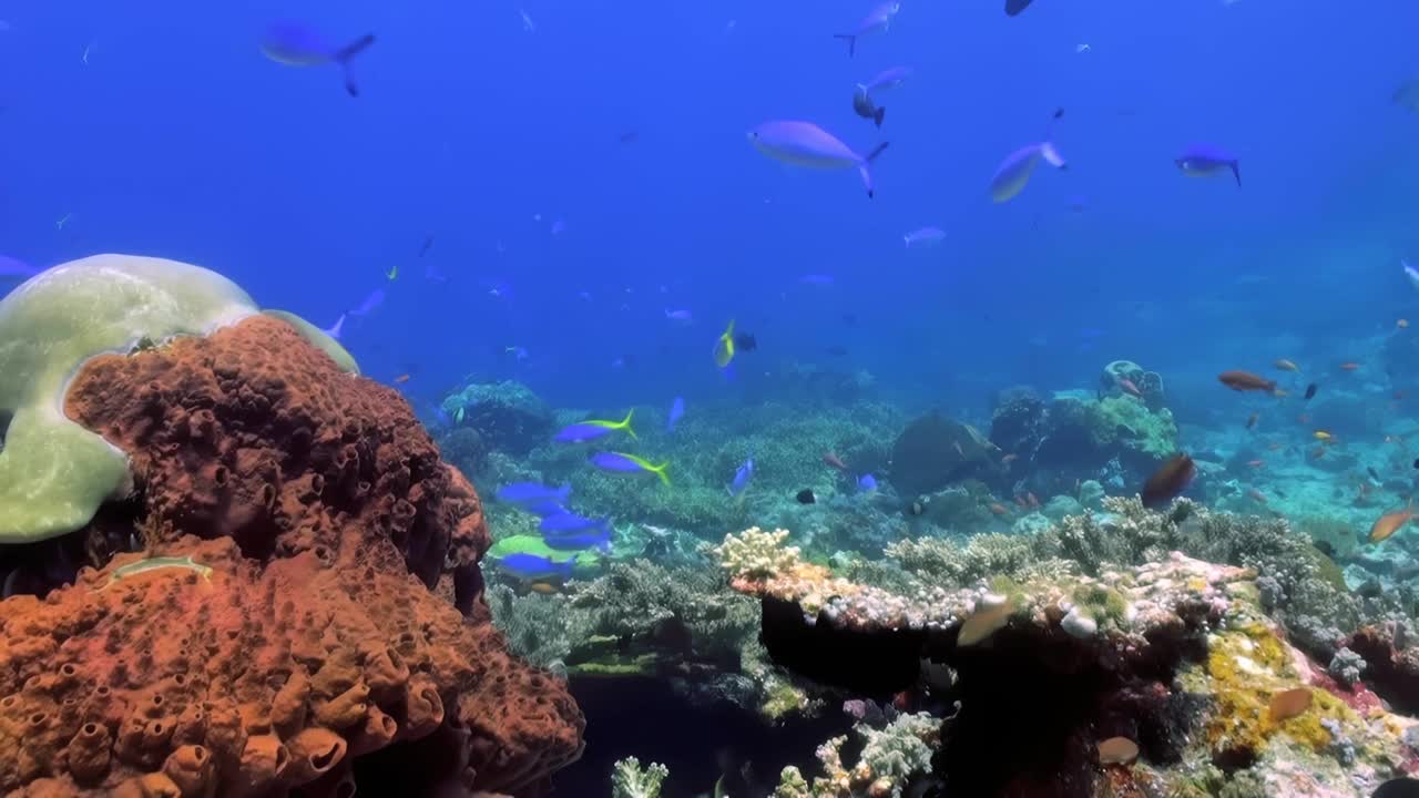 在清澈湛蓝的海洋中，生机勃勃的珊瑚礁孕育着各种海洋生物，创造了一个充满美丽和奇迹的海底世界。体验海洋生物的天堂，鱼，和令人叹为观止的景色视频素材