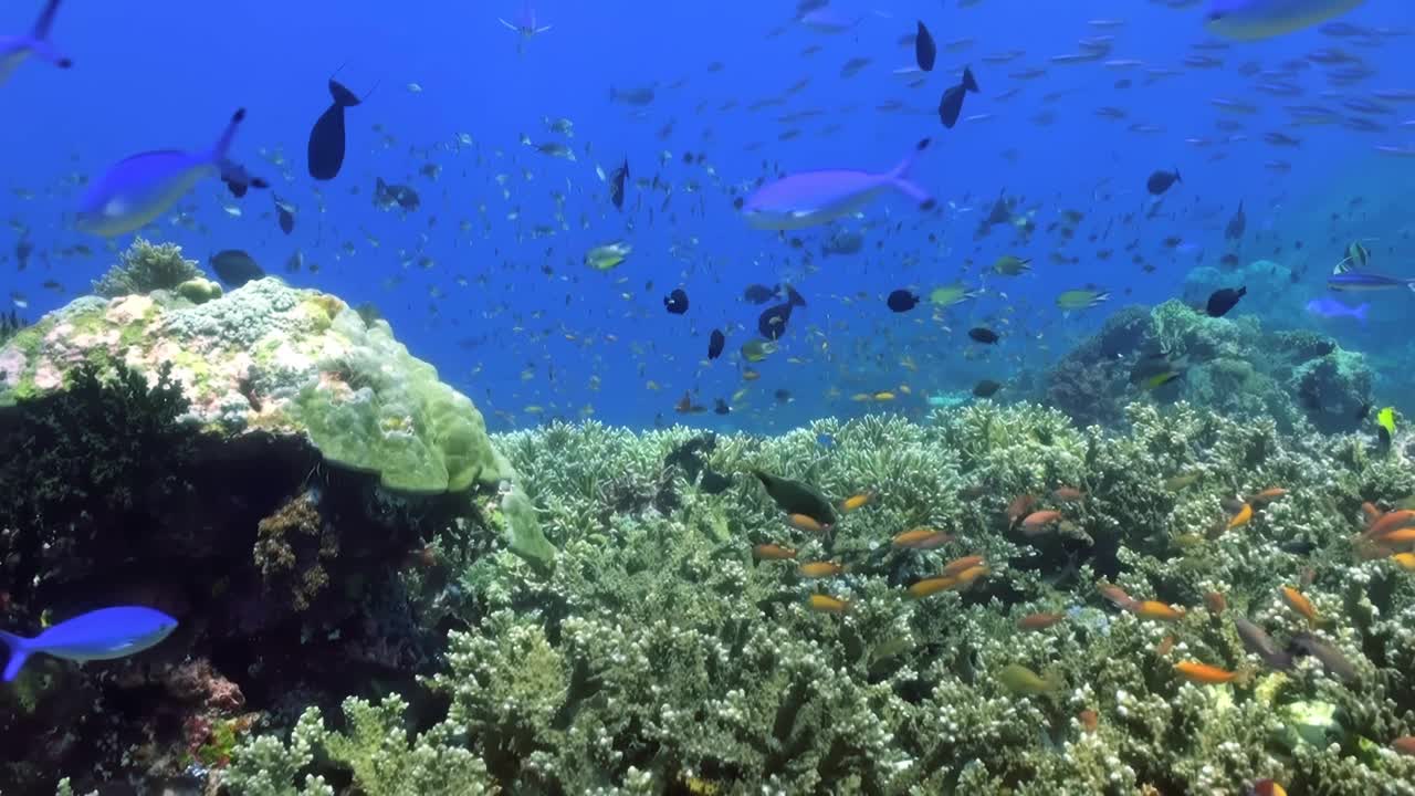 在清澈的蓝色海水中，水下珊瑚礁里满是五颜六色的鱼，这是一个充满活力的海洋生物生态系统。视频素材